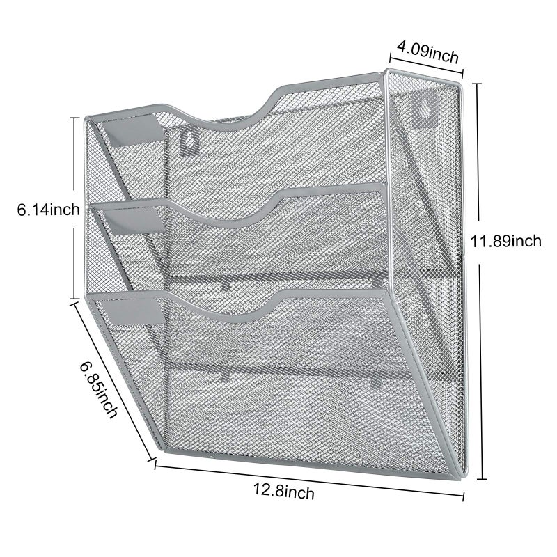 PAG Hanging Wall File Holder Mail Organizer Wall Mount Document Letter Rack, 3-Tier, Silver - Image 3